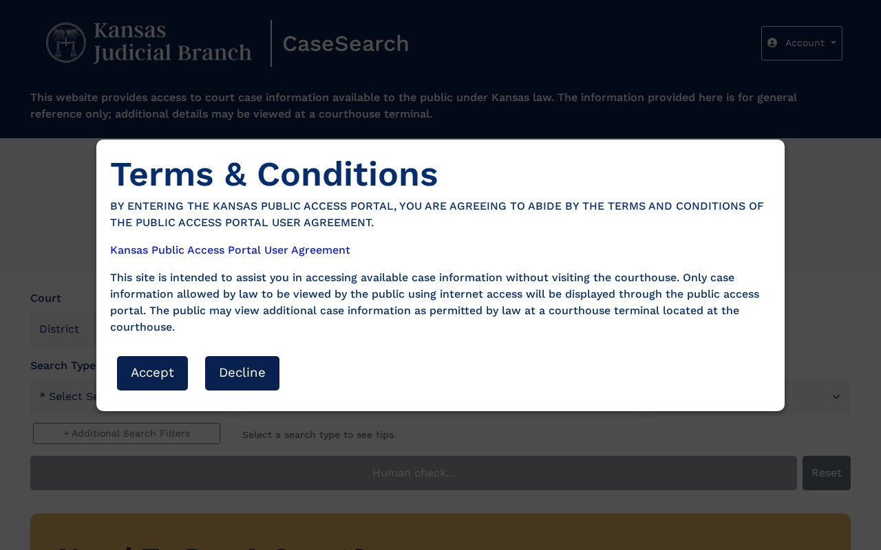 Current blank Harvey County case search interface