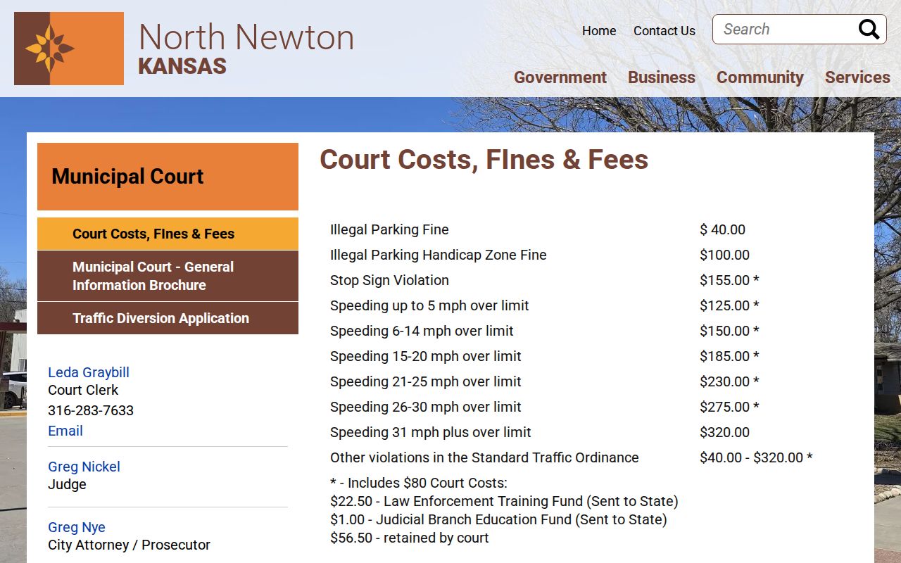 North Newton Municipal Court costs fines and fees